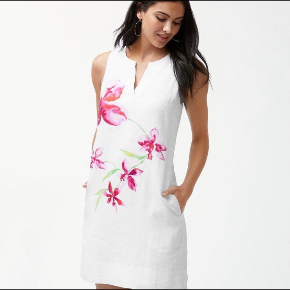 Tommy Bahama White Linen Mini Dress with Pink Floral Print